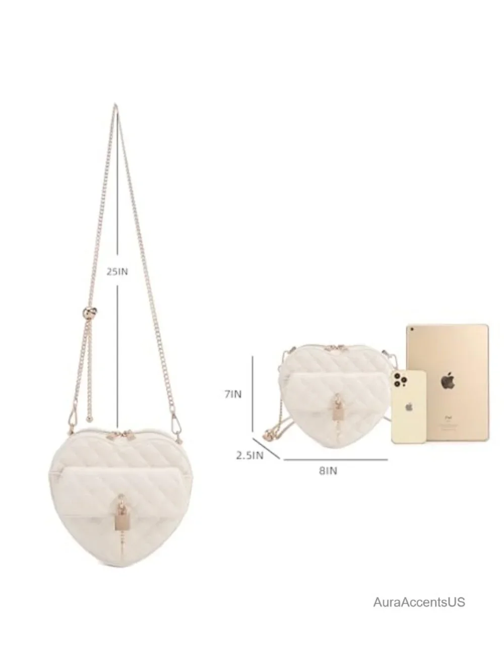 Quilted Heart Crossbody Purse with Chain Strap - Vegan Leather Handbag